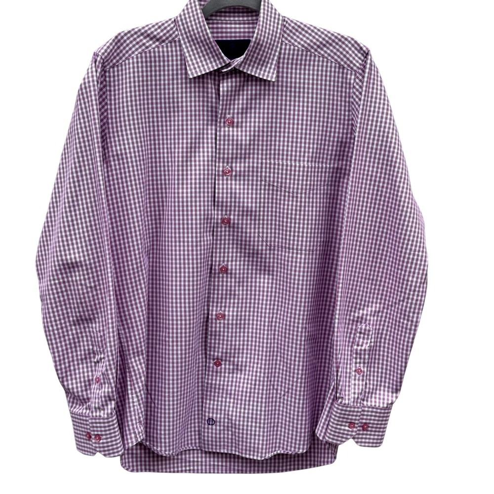 David Donahue Dress Shirt Mens Medium Purple White Gingham Check Cotton